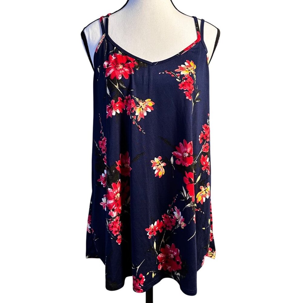 Papermoon Womens Blouse Navy Floral Spaguetti Strap Top Sz 1X Crisscross Back
